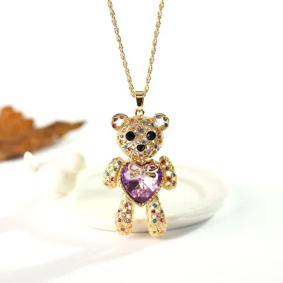 

Bling Bling Pink Hot Selling Collar De Oso Stainless Steel Bear Shining Crystal Long Heart Bear Necklace