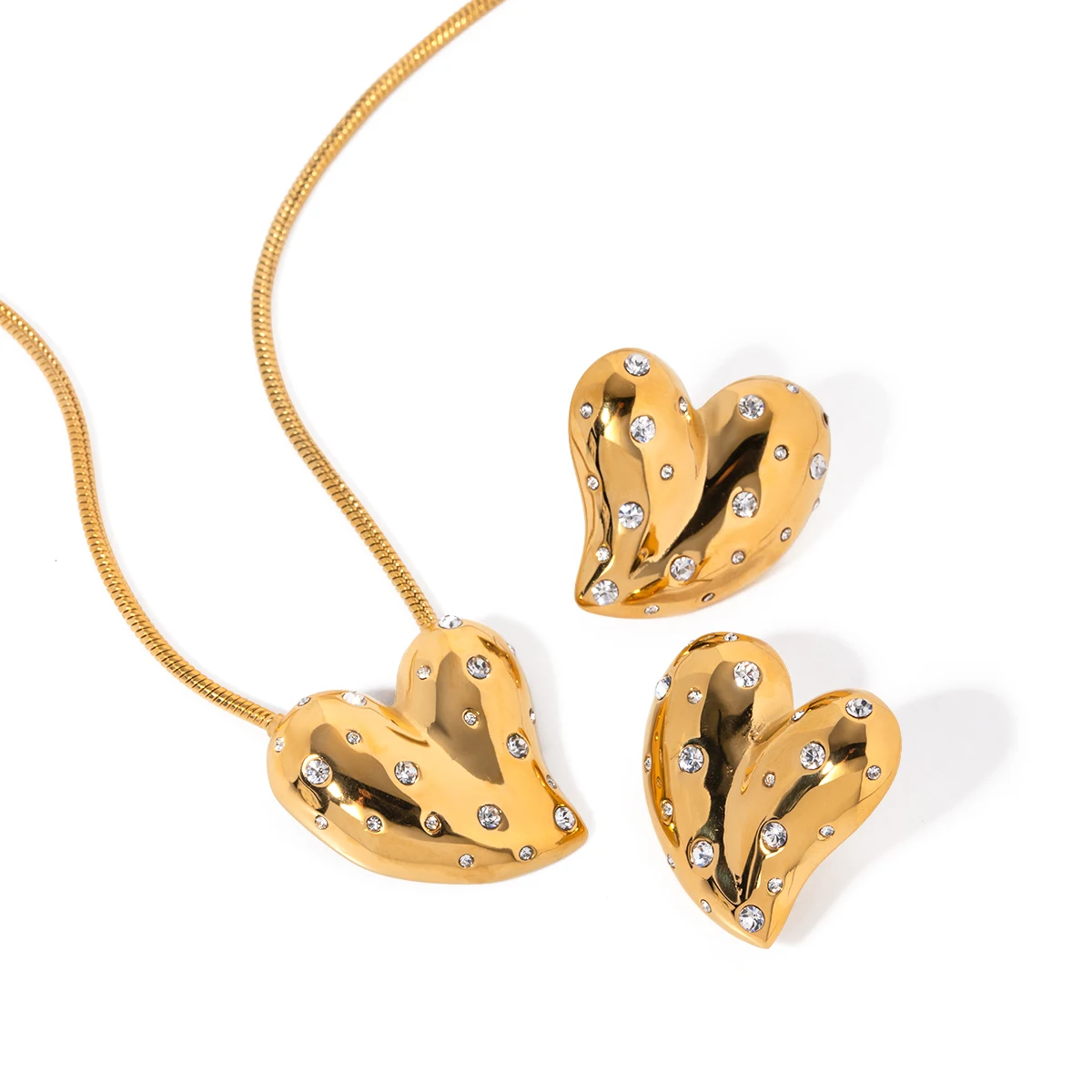 

J&D New Trendy 18K Gold Clear Cubic Zircon Stainless Steel Jewelry Heart Pendant Necklace Earring Set Love