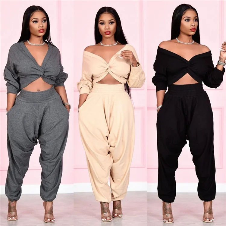 

CLE Spring 2021 Two Piece Pants Set Casual Crop Top Clothes Plus Size Women Clothing Outfits 2 piece
