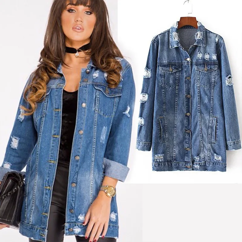Distressed Patchwork Uzun Kot Ceket Foldable Slim Fit Frivolous Long Jacket For Ladies