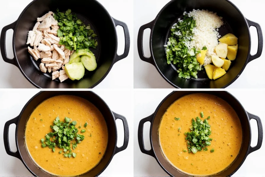 Step-by-step preparation of white chicken chili in a cast iron pot with fresh ingredients