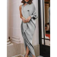 

women Long Dress Sexy Side Split One Shoulder Wrap Irregular Women Formal Maxi Evening Party satin scarf Dress