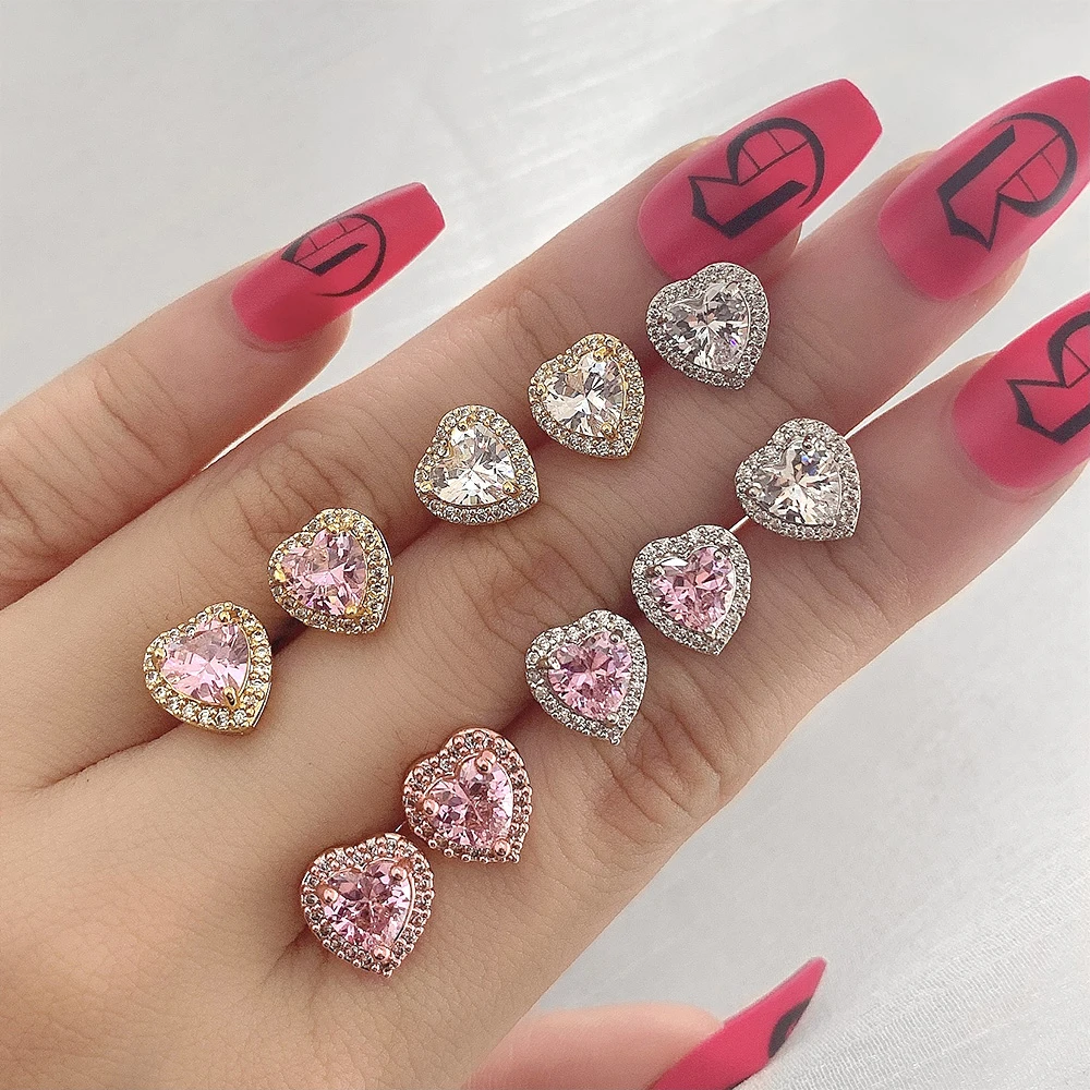

925 Silver plated Cubic Zirconia Iced Out heart shape women stud earrings