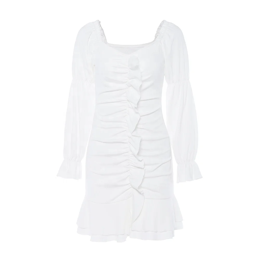 

One-line Tube Top Pleated Lantern Sleeve Waist Pleated Dress