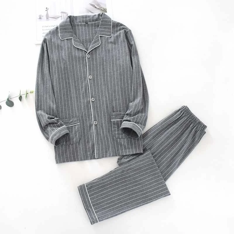 

Japanese couple sleepwear suit ladies autumn and winter pure cotton long-sleeved suit men's plus size striped casual home wear