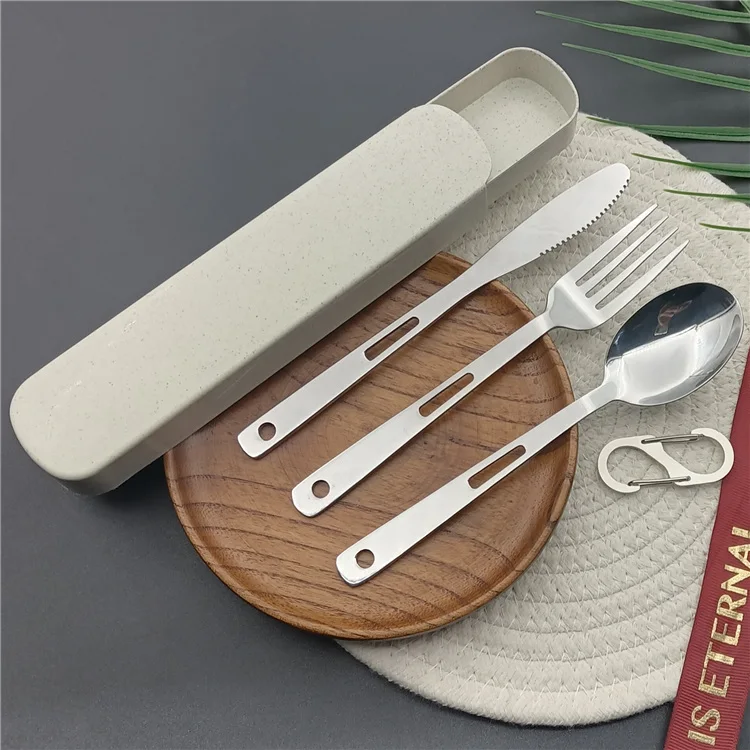 

new product ideas 2021 camping cutlery set fork knife and spoon set stainless steel cutlery portable cutlery set hook, Sliver