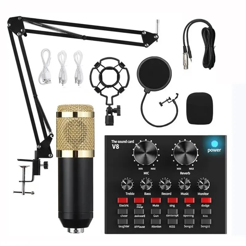 

2023 New V8 Sound Card with BM800 Microphone for Audio Condenser Mic Studio Singing bm800 condenser microphone