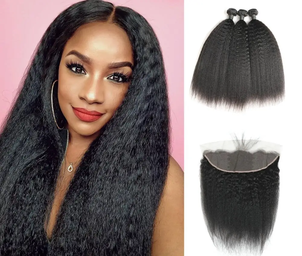 

Kinky Straight Hair Extensions Virgin Human Hair Weave Bundles Brazilian Hair Vendor Bundles with Lace Frontals