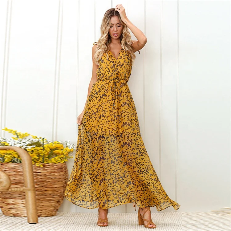 Women Leopard Print Chiffon Maxi Dress 2020