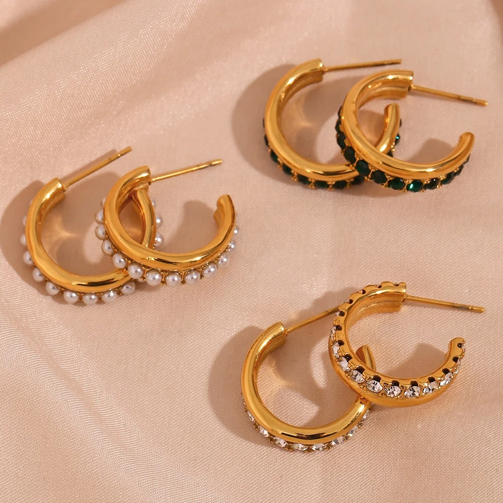 

Spring Fashion Designer Earrings Zircon & Pearl Hoop Earrings Women 18k Gold Plated Stainless Steel Jewelry