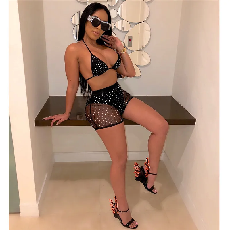 

ZY5177 Custom Label Sexy Mesh Sheer Rhinestone Bikinis Woman Swimwear