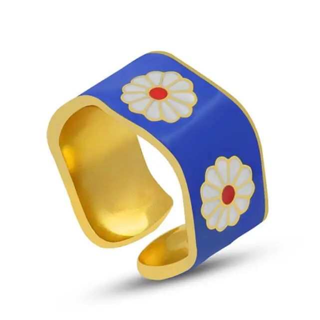 

Boho Simple Stainless Steel 18K Gold Plated Open Wide Blue Flower Finger Ring Titanium Steel Curved 11mm Wide Daisy Blue Rings, Picture shows