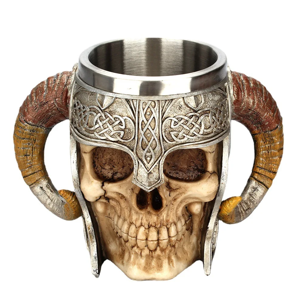 

Double Handle Large Sheep's Horn Mugs Creative Skulls Cup 304 Stainless Steel Resin Beer Mug Home Decoration Accessories Gifts