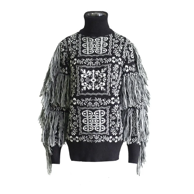 

2020 High Street Loose Embroidered Sweater Embroidered Turtle Neck Women Sweaters, Black