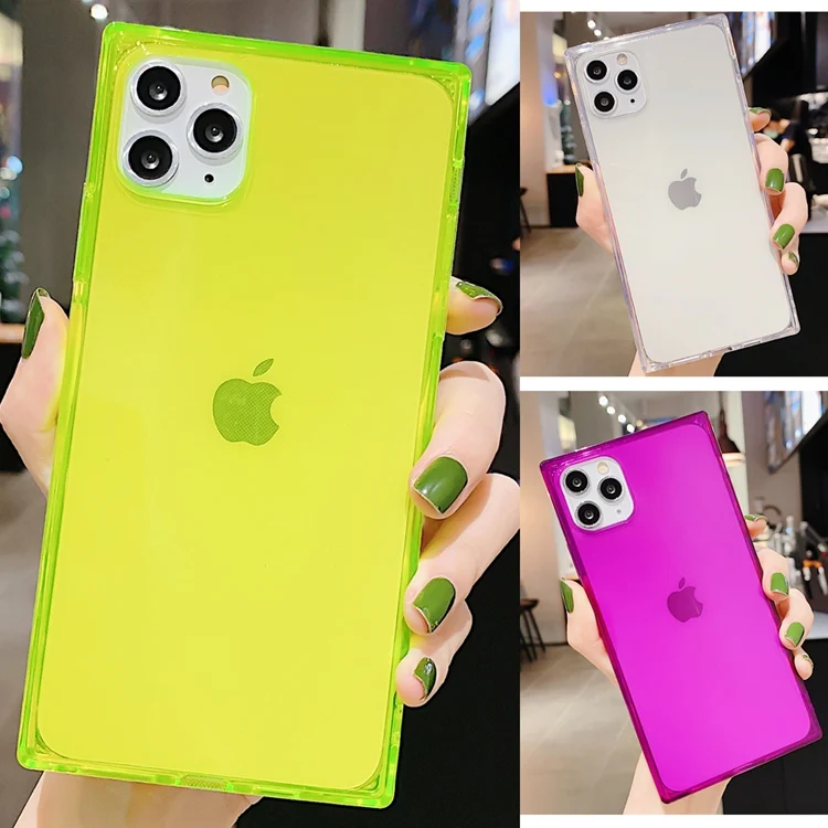 

For iPhone 12 Case, Square Neon Fluorescent Color Clear Phone Case for iPhone 11 12 XS XR 7 8 Plus13 Pro Max Bling Glitter Shell