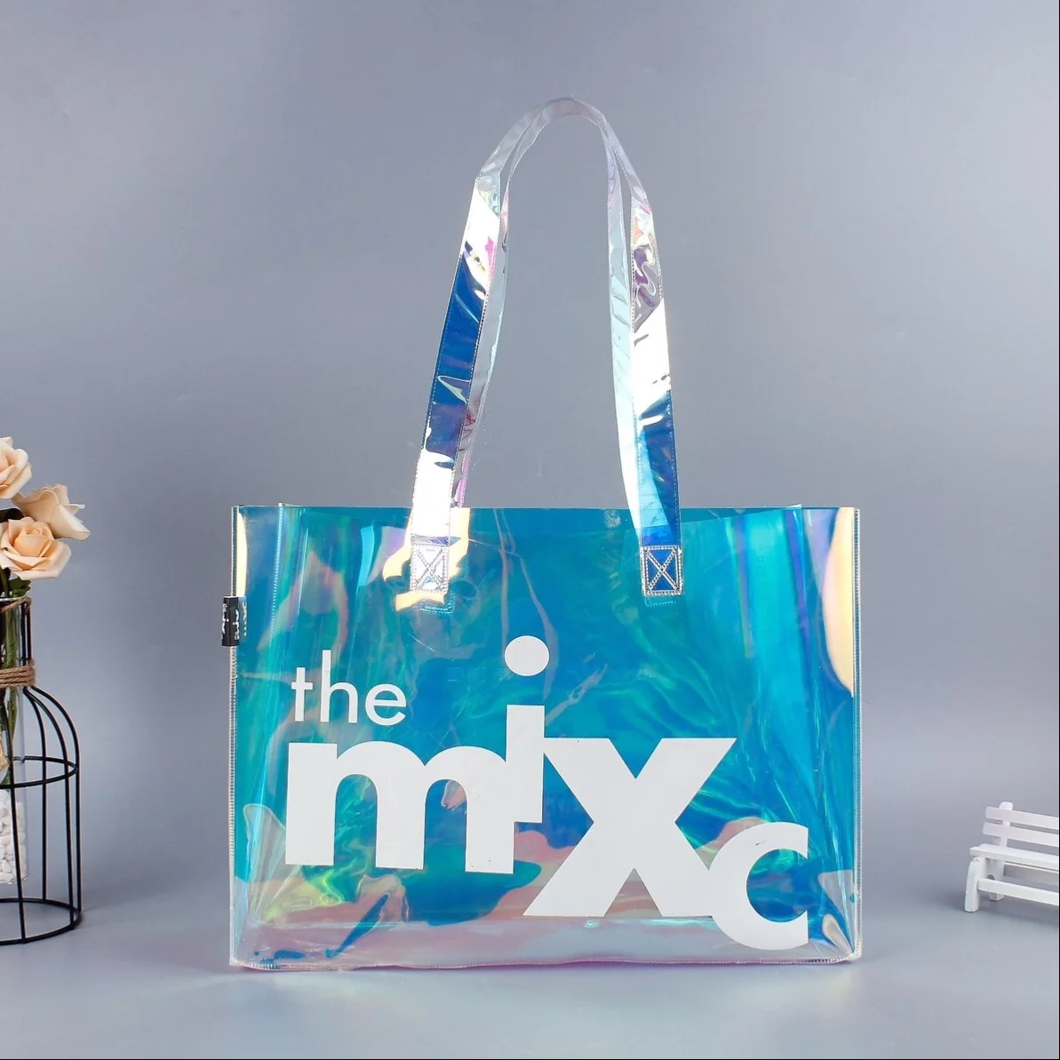 

Custom holographic handle design pvc vinyl rainbow holographic tote shopping bag