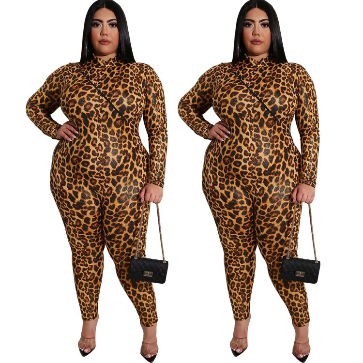

Long Sleeve Plus Size Sexy Leopard Jumpsuit For Women, Customized color