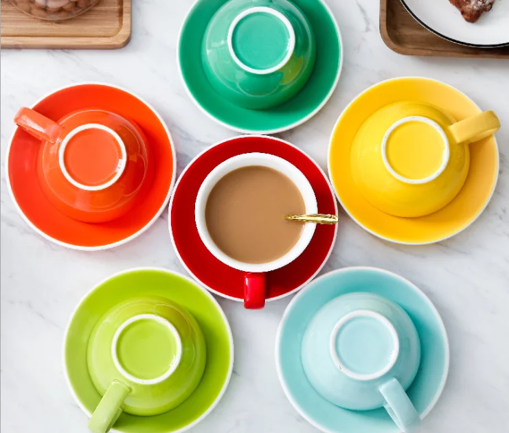 

tea milk water coffee cappuccino espresso latte colour ceramic mug handle cup saucer set with white rim, Customized