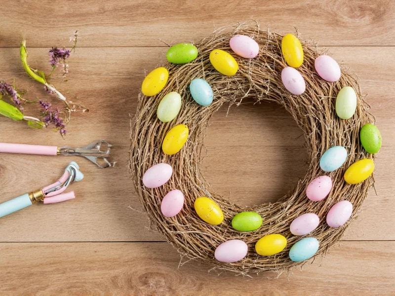 Eco-friendly DIY Easter wreath materials on wooden table