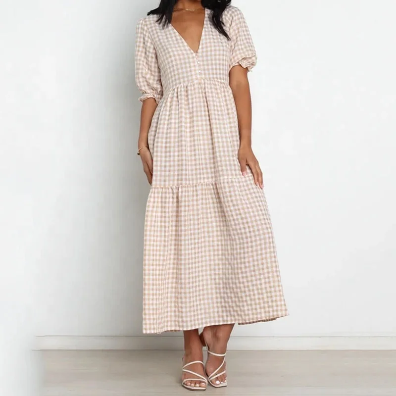 

Summer A Line Mid Sleeves Elastic Cuff V Neck Functional Button Tiered Skirt Gingham Maxi Dress