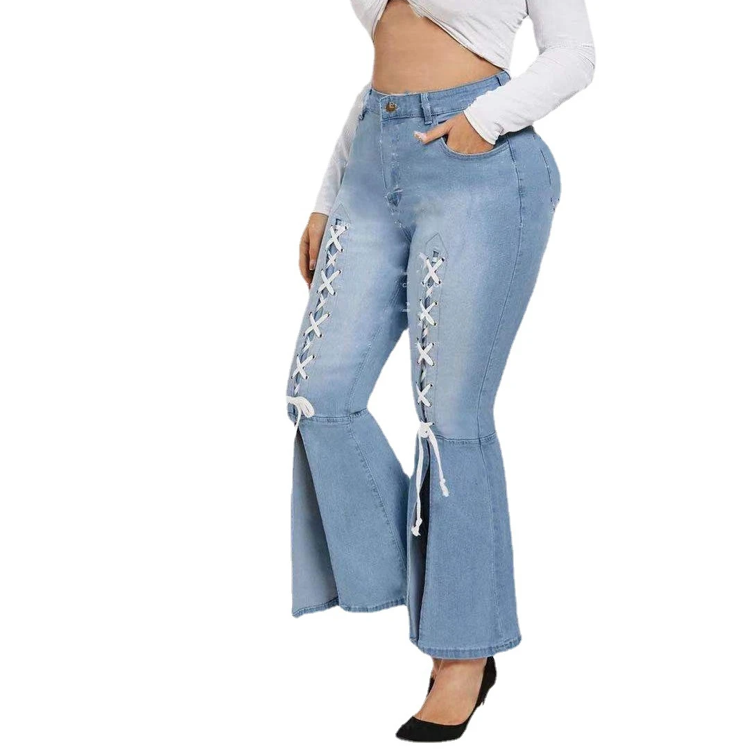 

Plus Size Women's High Waist Lace Flare Pants women solid color Jeans