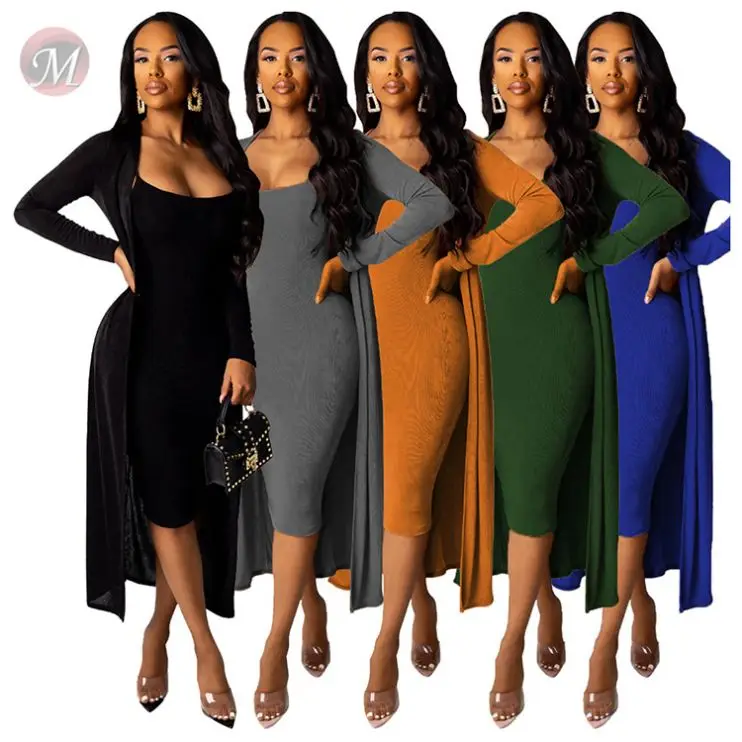 

D96434 newest design solid velvet cardigan suspender dress women clothing two piece outfits sets