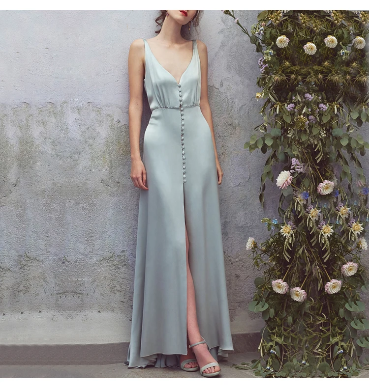 

100% Slik Buttons Sexy High Slip Deep V Neck Women Maxi Dress, Light green