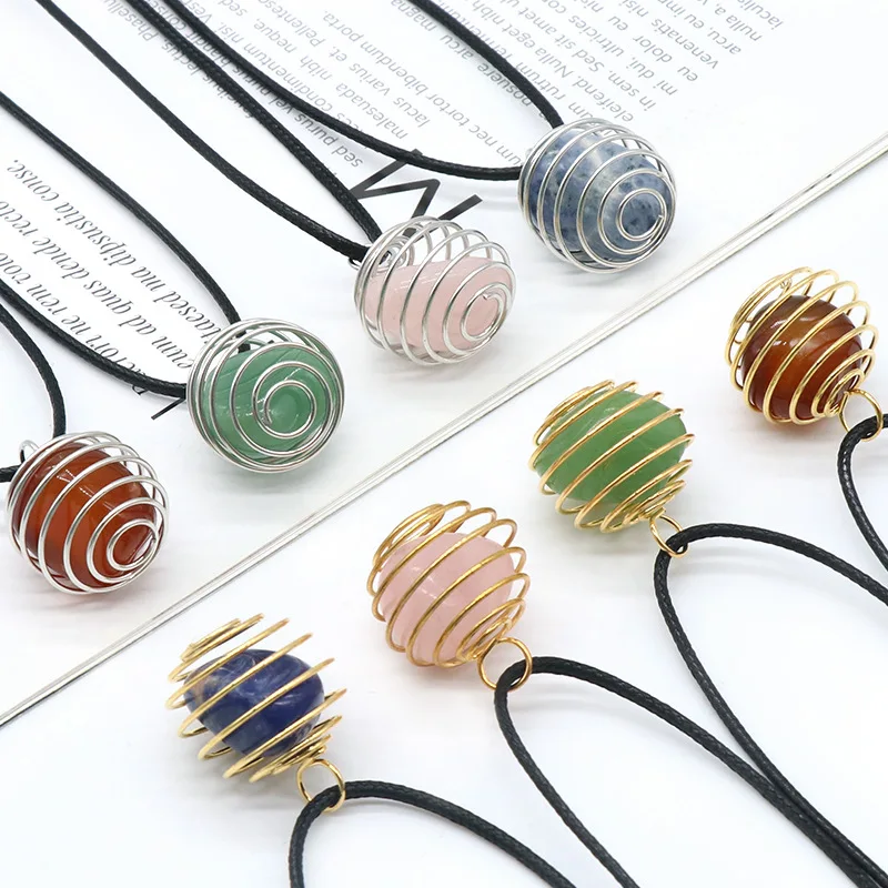 

Small Leather Rope Copper Wire Wrapped Spiral Cage Natural Gem Crystal Jasper Agate Stone Bead Holder Pendant Necklaces