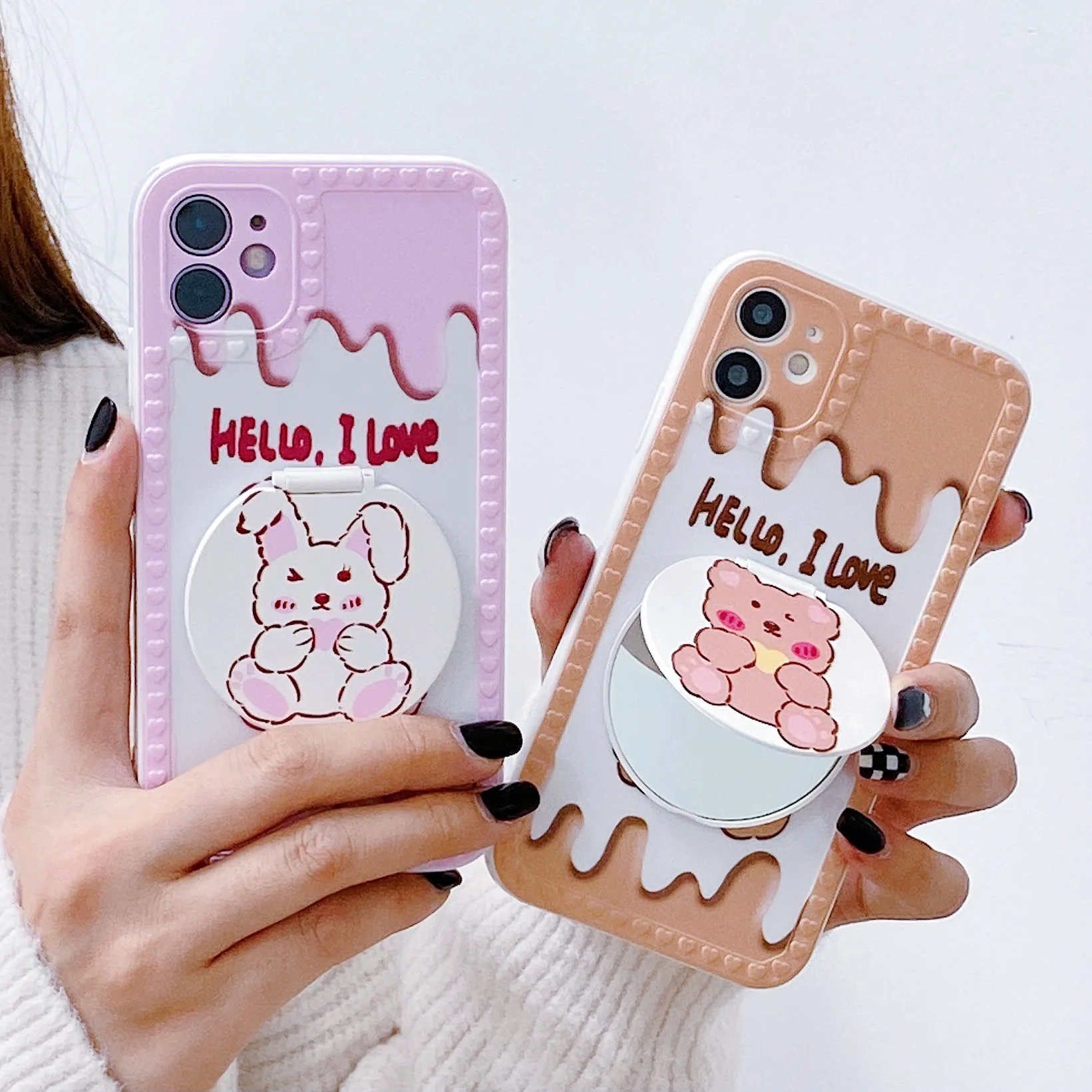 

3D Cream Bear Soft TPU Flip Stand Holder Makeup Mirror Phone Case For iPhone 11 12 13 Mini Pro Max Protective Cover