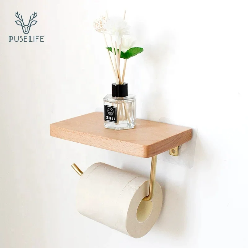 

OEM&ODM Wall Mount Solid Wood Storage Rack Wooden Phone bathroom corner Shelf Toilet tissue towel Paper Holder, Original wood color