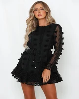 

Gauze Stitching Ruffles Hem Stereo Tassel Long Sleeve Dresses