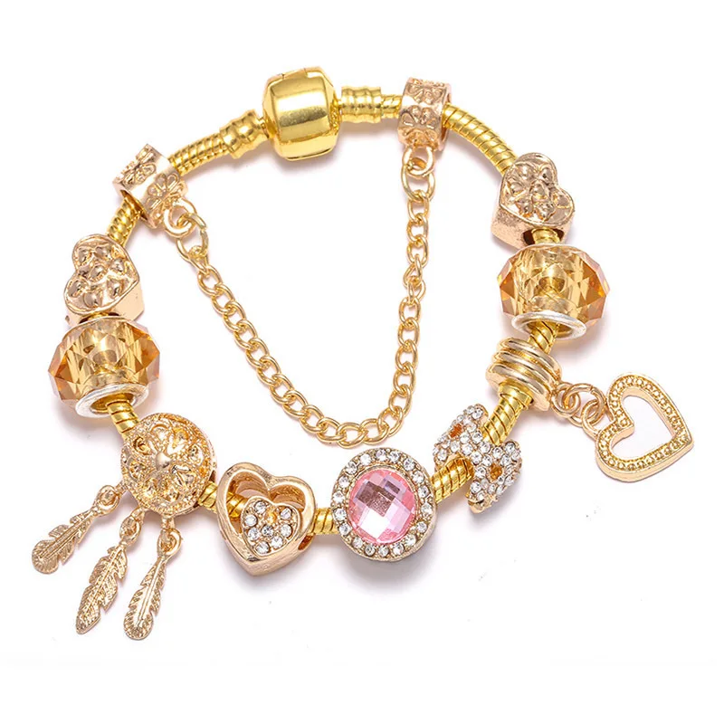 

New Gold Plating Lampwork Glass Bead Heart Charm Bracelet Crystal Dreamcatcher Charm Bracelet with Safety Chain