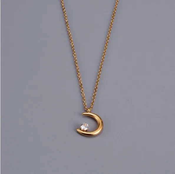 

China Jewelry factory Moon shape Neck Chain CZ Diamond Stainless Steel Necklaces, Gold