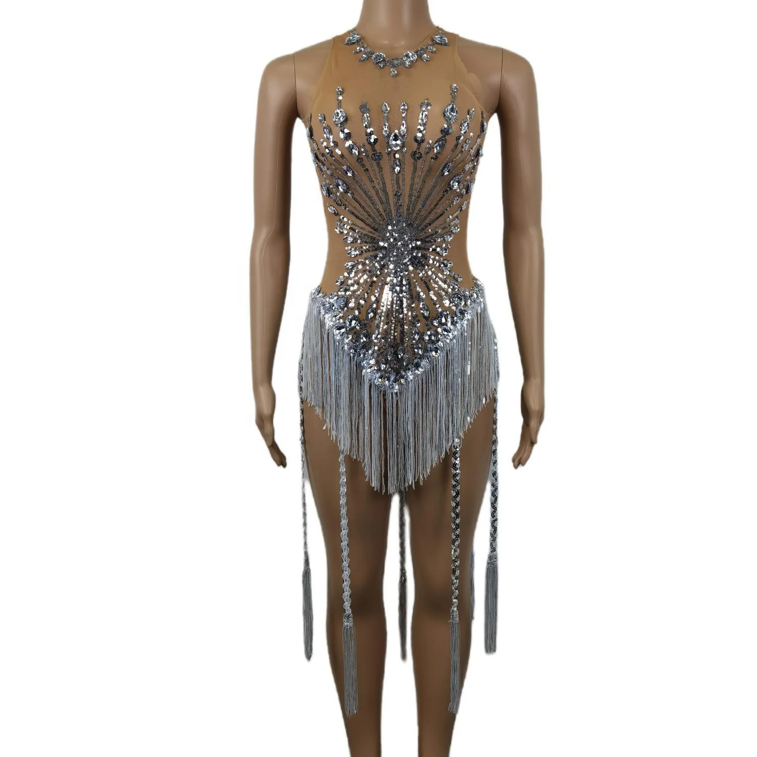 Sexy Tassel Sequin One Piece Bodysuit Festival Outfits Pole Dancer Leotard Rompers Women Fringes Rhinestone Bodycon Jumpsuits