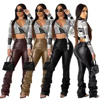 

Faux Leather Pants for Women Flared Hem Winter Autumn Fall PU Ruched Bottoms for Ladies Sexy Club Fashion Pant RS00151