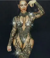 

Sexy bodysuit twins Female singer Ds guest gogo nude black hot drilling long sleeves one-piece trousers stage show costumes