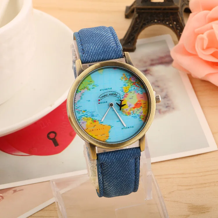 

Hot selling Bronze airplane map watch, rotating second hand,leather belt unisex watch, As pic