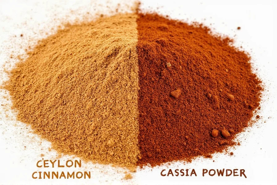 Close-up comparison of ground Ceylon cinnamon showing lighter tan color versus darker reddish-brown cassia powder