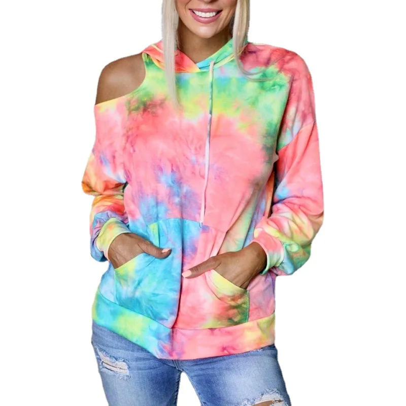 

2021 Autumn new women's tie dyed print off shoulder long sleeve pocket hooded sweater women's loose casual pull over sweater