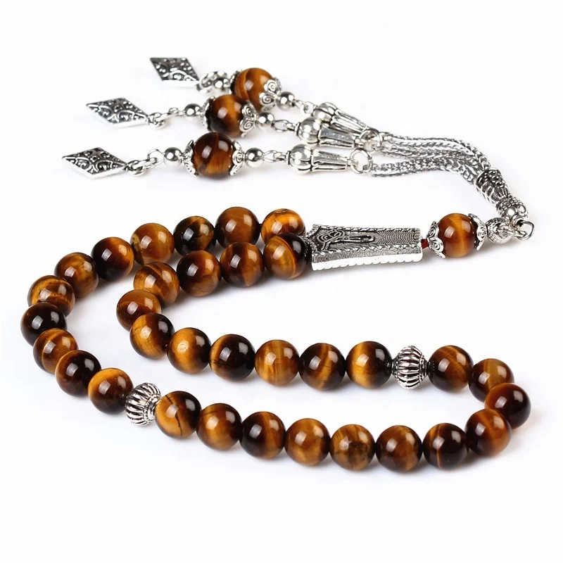 

Hot Sale 8mm 33 beads tesbih Natural Tiger Eye Stone Muslim Misbaha Silver Tassel Tasbih Rosary Subha Islamic Prayer Beads
