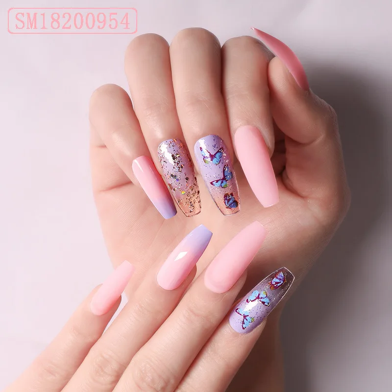 

Luxury pink ballerina press on nails butterfly long coffin press on nails