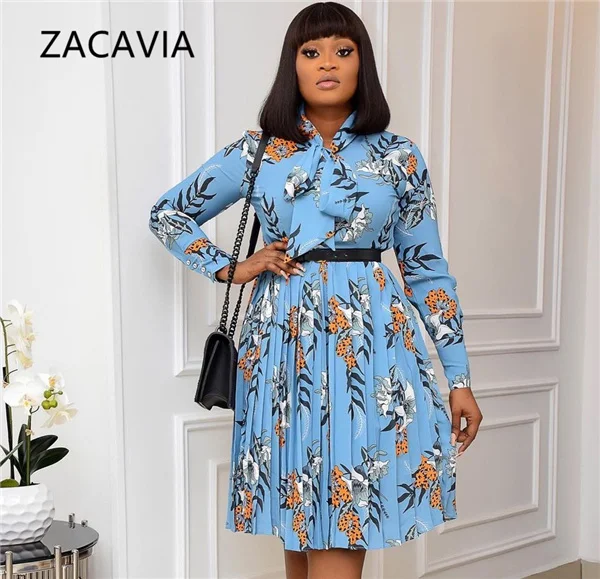 

New Women's Fashion Printed Long-sleeved Plus Size Pleated Dress, Picture color