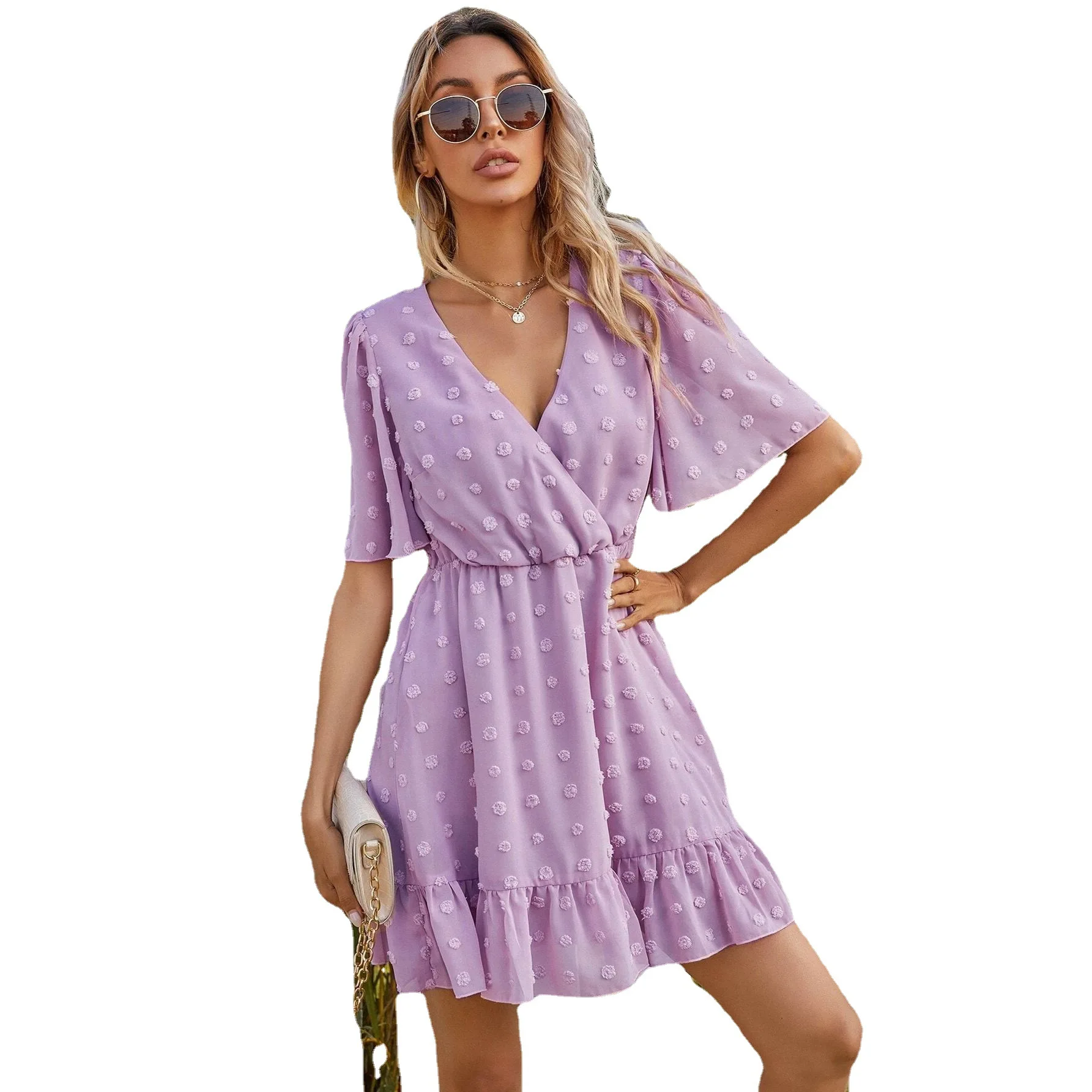 

2021 summer European and American V-neck simple dress female high waist chiffon A-line