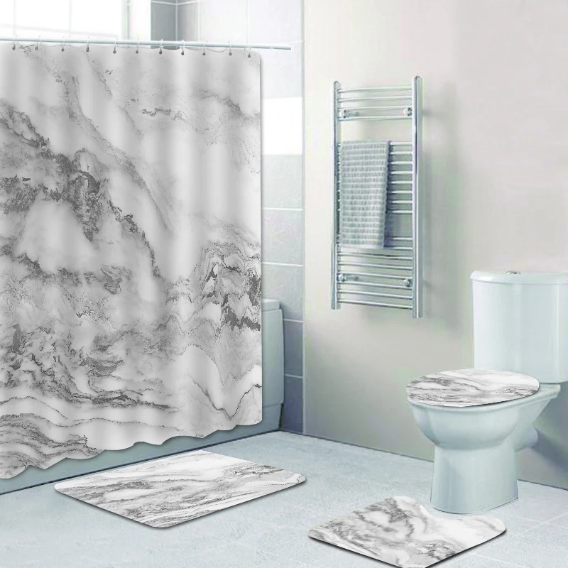 

180x180 customizable simple marble pattern partition bathtub shower curtain bathroom non-slip floor mat four-piece toilet set, Picture