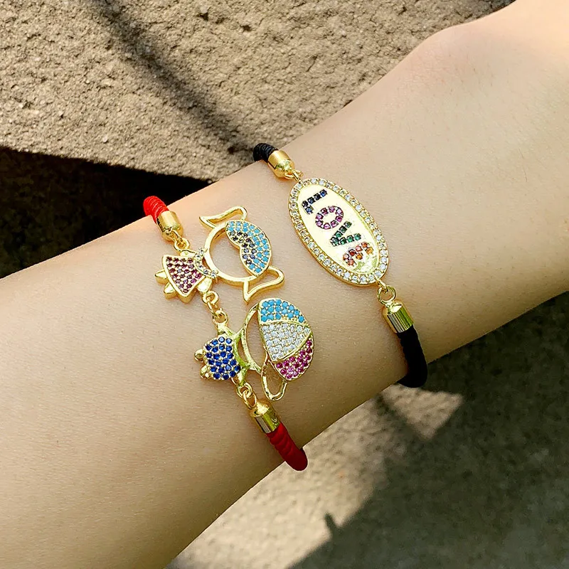 

Yingchao Fashion Hot Sell Boy And Girl Letter 18k Gold Copper Zircon Colorful Adjustable Red Rope Bracelet Chain For Women, Same as picture