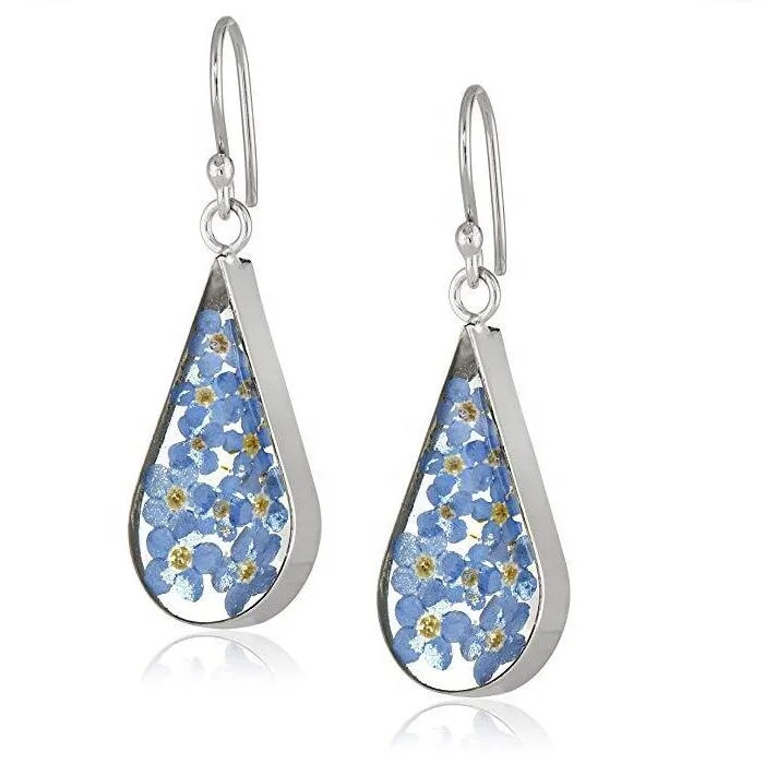 

Showfay New Fashion Women Jewelry Resin Sterling Silver Pressed Flower Teardrop Drop Earrings