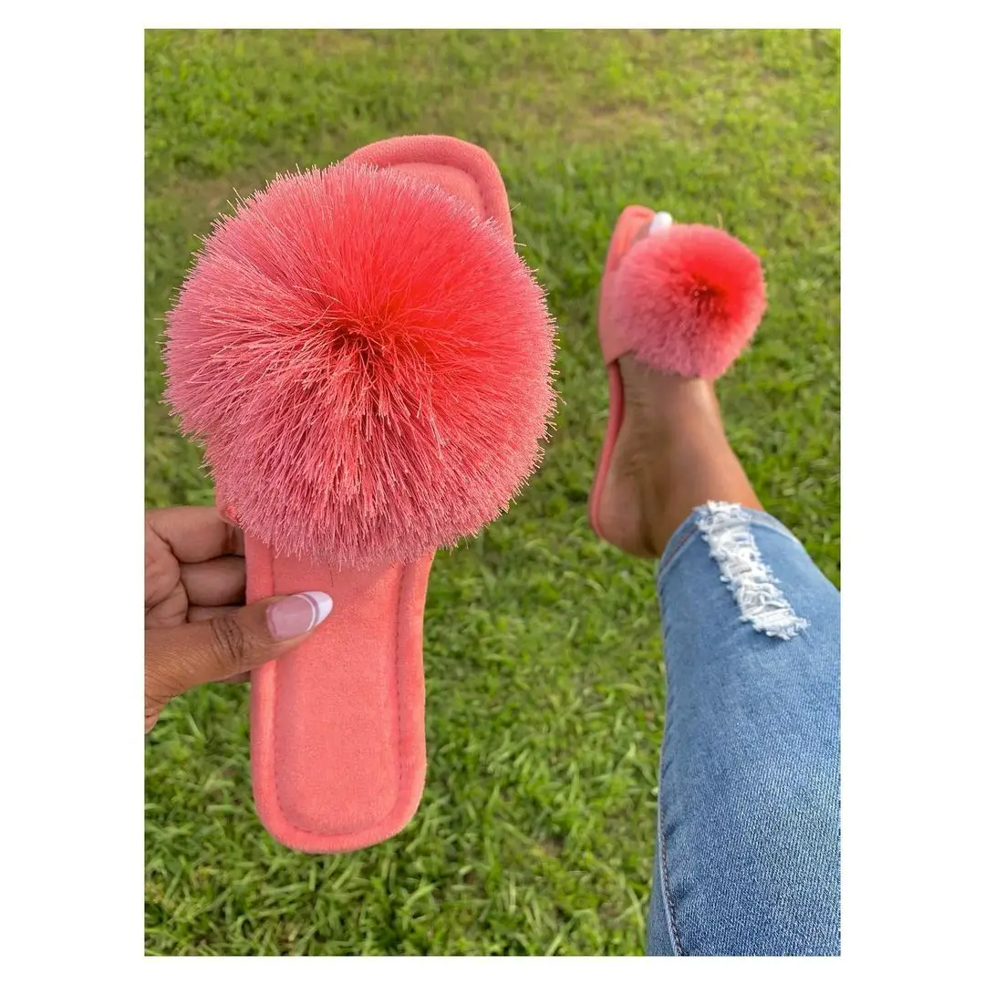 

2021 fashion flat fuzzy fur fluffy pom pom outdoor women slipper sandals fur slides, Picture color