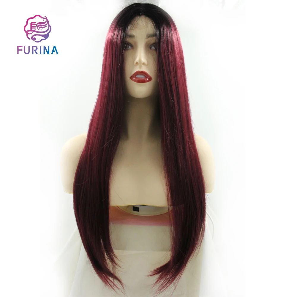 

Korea high temperature Lace Front Wig synthetic 99J# 26'' Middle part long silky straight frontal wigs