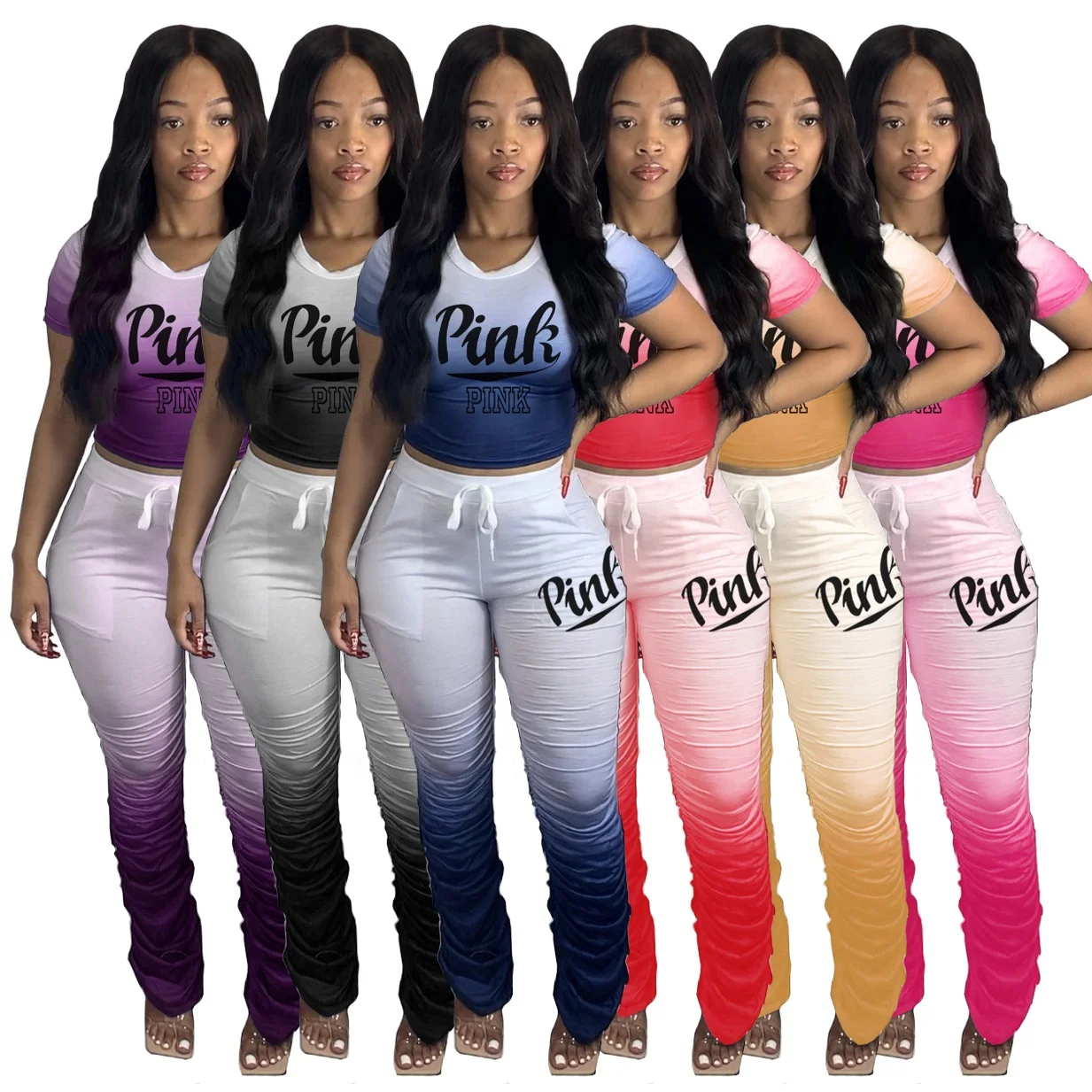 

2022 Pink Spring summer Plus Size 2 Piece Set Casual gradient t shirt Tracksuit Pleated Jogger Sweatpants Two Piece Pants Set