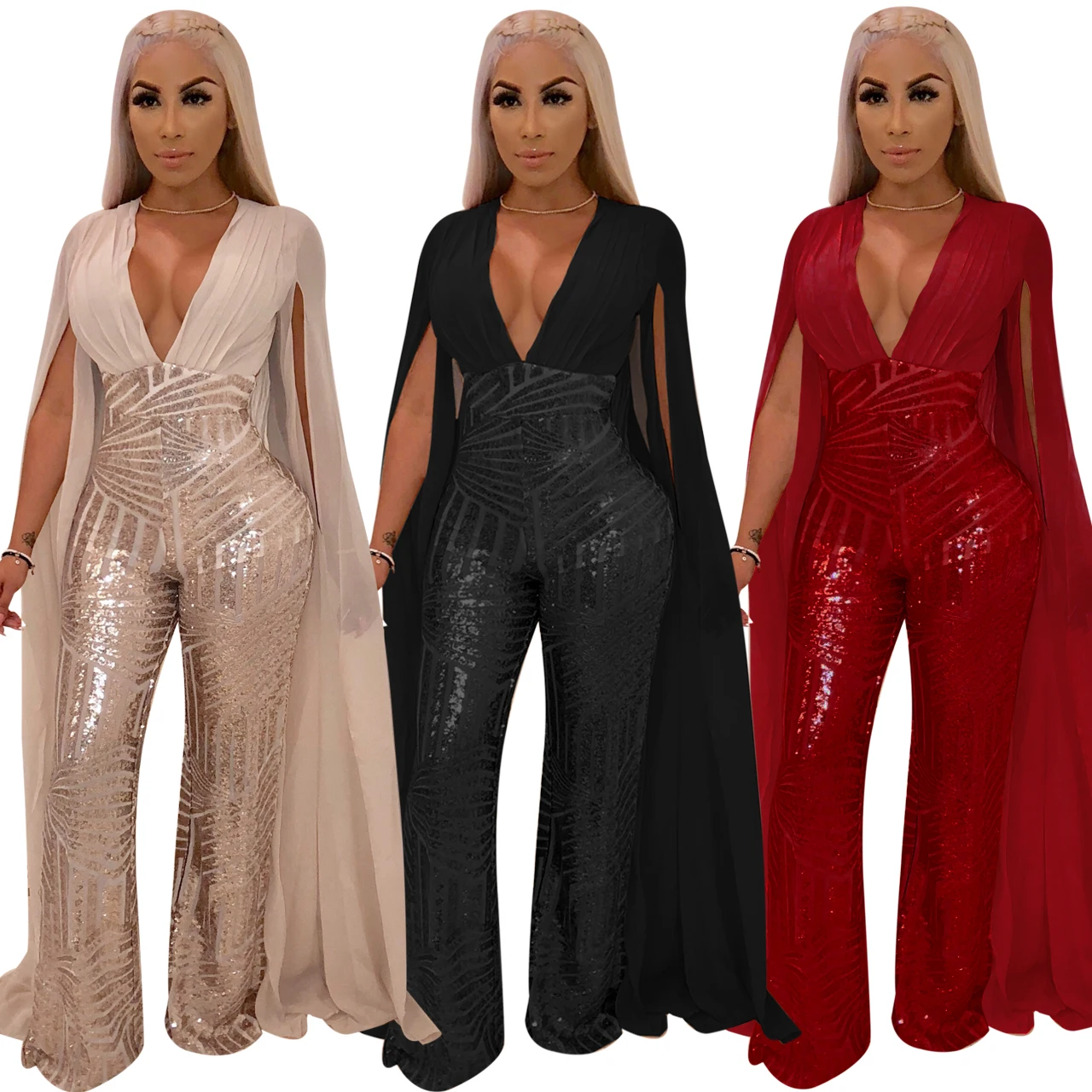 

New fall 2020 sexy elegant deep V sequined evening dress Jumpsuit